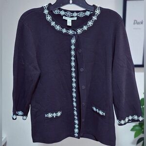 JM Collection Womens cardigan black embellished white pearls  Large